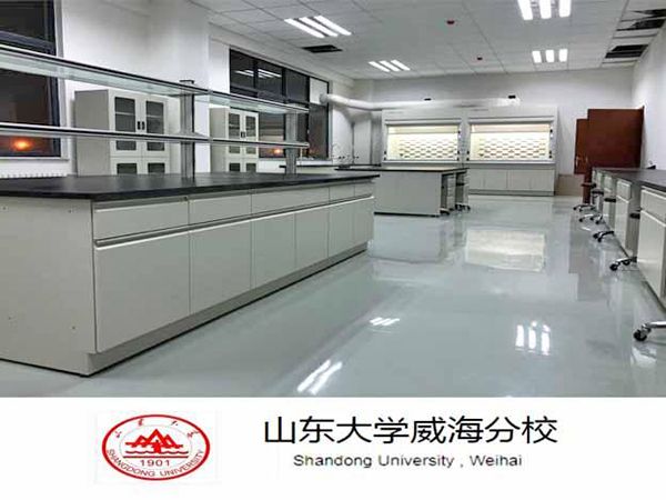 山東大學威海校區全鋼實驗臺、通風柜、邊臺、器皿柜等實驗室家具安裝現場
